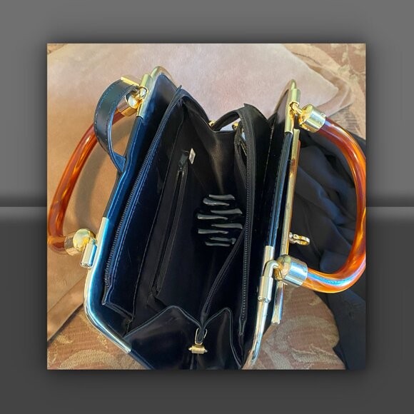Black Leather Handbag with Amber Swirl Lucite Handles and Panel - Picture 6 of 7